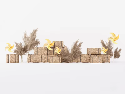 Stacked Golden Gift Boxes With Yellow Pinwheels And Pampas Grass Decorations 3d model