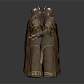 Two Medieval Style Characters in Ornate Costumes with Horned Helmet and Cloak Front Back Views