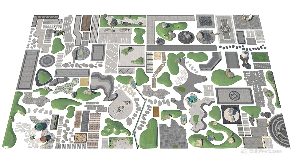 Creative Garden Features Design With Green Patches Stone Paths And Decorative Elements 3d model