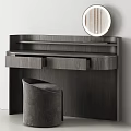 Light Wood Modern Dressing Table With Round Mirror Storage Drawers And Upholstered Stool