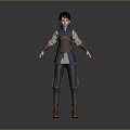 Game Movie Character With Short Hair Blue Top Brown Vest Red Armbands And Gray Pants