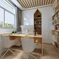 Modern Kindergarten Classroom With Wooden Ceiling Round Lights Tables Chairs Bookshelves And Toys