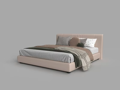 Elegant Double Bed with Beige Upholstered Headboard Multiple Decorative Pillows and Gray Green Throw Blanket 3d model