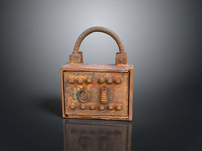 Vintage Rusty Iron Lock Daily Life Essential With Curved Handle Rivets And Keyholes 3d model