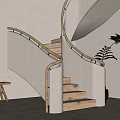 Modern Spiral Staircase Interior With Wooden Steps White Railings Green Plant And Wooden Shelves