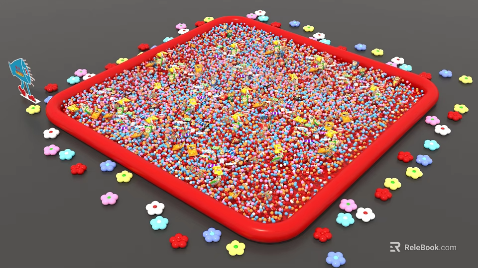 Activity Play Area With Colorful Balls Red Border And Flower Decorations 3d model 