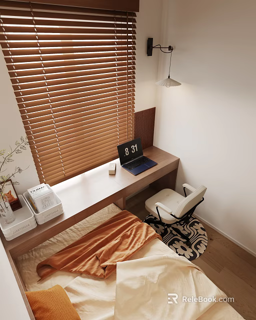 Cozy Bedroom Interior With Wooden Blinds Desk Laptop Table Lamp White Chair And Orange Blanket 3d model 