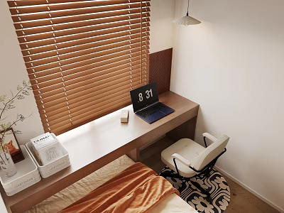 Cozy Bedroom Interior With Wooden Blinds Desk Laptop Table Lamp White Chair And Orange Blanket 3d model