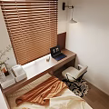 Cozy Bedroom Interior With Wooden Blinds Desk Laptop Table Lamp White Chair And Orange Blanket