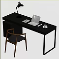 Modern Office Desk with Desk Lamp Laptop Tablet Mouse Coffee Cup and Wooden Armrest Chair