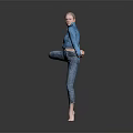 Woman In Blue Shirt And Blue Jeans Balancing On One Leg Against Gray Background