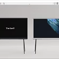 Two Modern Serif TVs With Black Slim Stands And Abstract Blue Screen
