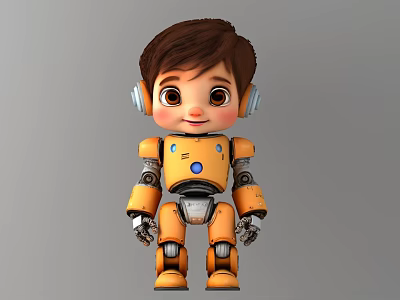 Game And Movie Character Cartoon Style Yellow Robot With Brown Hair Headphones And Cute Expression 3d model