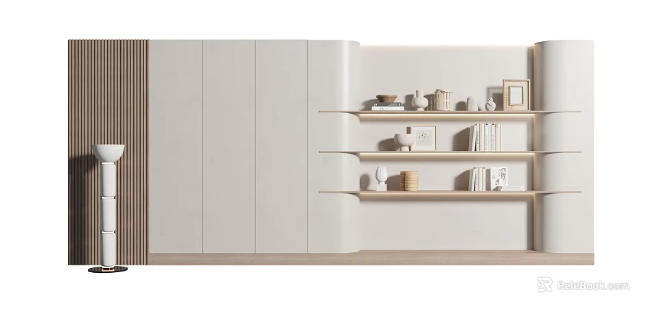 Modern White Background Wall With Wooden Floating Shelves And Decorative Items 3d model 