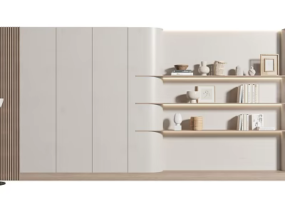 Modern White Background Wall With Wooden Floating Shelves And Decorative Items 3d model