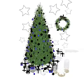 Evergreen Tree Decorated With Black Blue Ornaments White Stars And Wreath Near Small Buildings