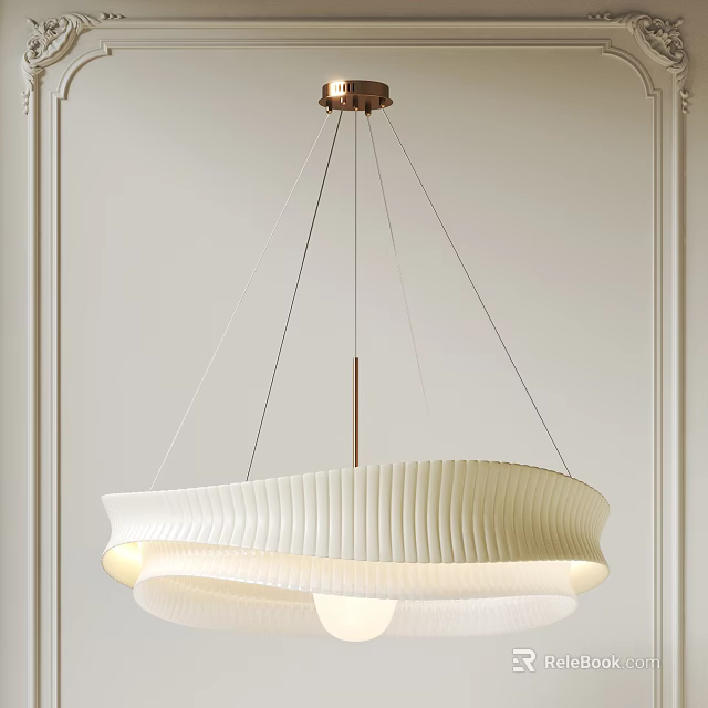 Modern White Ribbed Chandelier Hanging In Minimalist Room With Light Colored Walls 3d model 