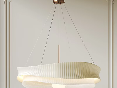 Modern White Ribbed Chandelier Hanging In Minimalist Room With Light Colored Walls 3d model