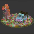 Light Blue Vintage Truck And Orange Leaf Tree In Grass With White Flowers