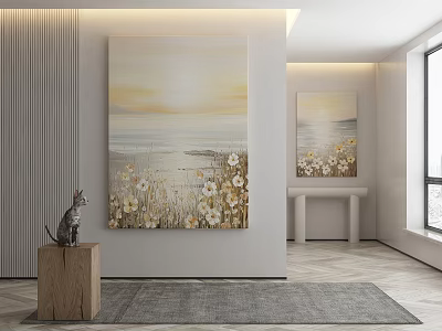 Modern Minimalist Interior With Large Seascape Paintings Cat Sculpture Wooden Pedestal And Rug 3d model