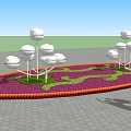 Garden Landscape with Circular Pink Flower Area Multi tiered Stands Near Water and Distant Grassland
