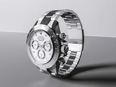 Luxury Stainless Steel Watch with White Chronograph Dial and Sleek Metal Bracelet Design 3d model
