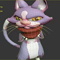 3D Cartoon Cat Character With Purple White Fur Red Scarf Yellow Eyes Standing Pose