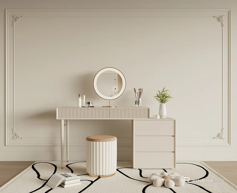 Modern Dressing Table With Round Mirror Cosmetic Bottles Potted Plant Stool And Decorative Wall Rug 3d model 