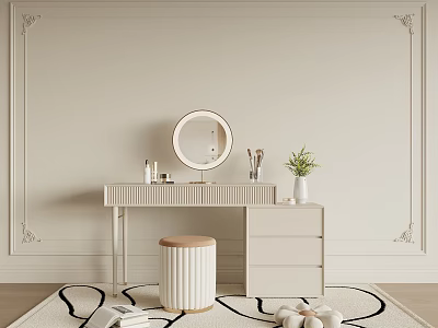 Modern Dressing Table With Round Mirror Cosmetic Bottles Potted Plant Stool And Decorative Wall Rug 3d model