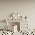 Modern Dressing Table With Round Mirror Cosmetic Bottles Potted Plant Stool And Decorative Wall Rug