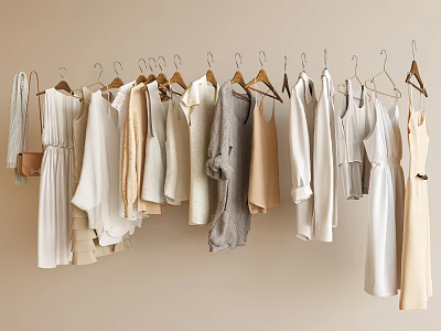 Elegant Minimalist Clothes in Beige White Gray Hanging on Wooden Hangers 3d model