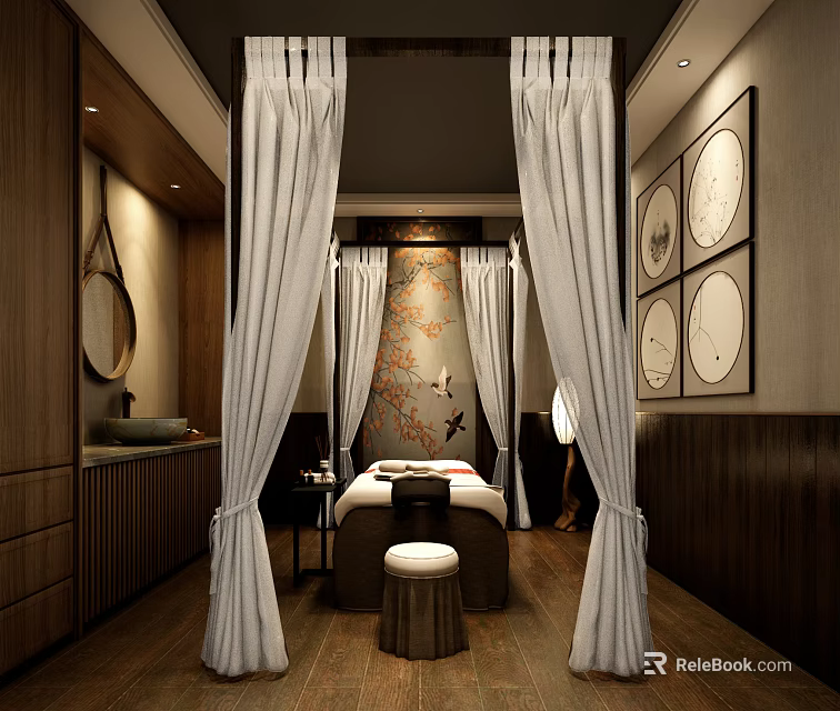 SPA Sauna Interior Design With White Curtains Wooden Elements Massage Bed And Decorative Paintings 3d model 