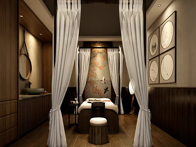 SPA Sauna Interior Design With White Curtains Wooden Elements Massage Bed And Decorative Paintings 3d model