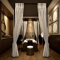 SPA Sauna Interior Design With White Curtains Wooden Elements Massage Bed And Decorative Paintings