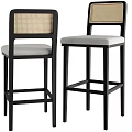 Stylish Black Wood Bar Stools With Natural Rattan Back And Soft Padded Grey Fabric Seats
