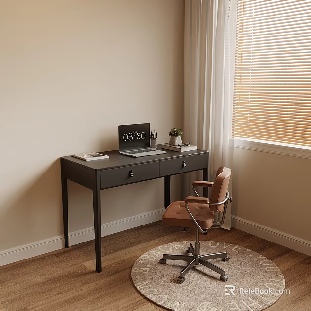 Stylish Home Office Desk With Laptop Books Small Potted Plant Brown Chair And Window Blinds 3d model 
