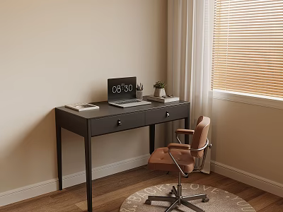 Stylish Home Office Desk With Laptop Books Small Potted Plant Brown Chair And Window Blinds 3d model