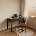Stylish Home Office Desk With Laptop Books Small Potted Plant Brown Chair And Window Blinds