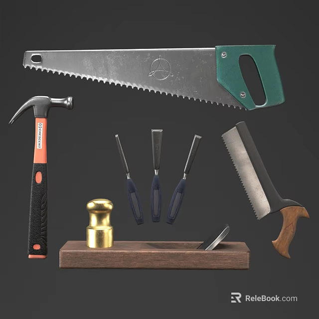 Collection of Hand Tools with Saw Hammer Chisels and File Displayed on Wooden Base 3d model 