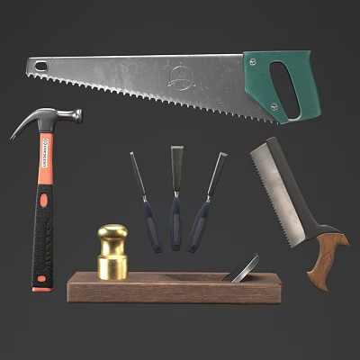 Collection of Hand Tools with Saw Hammer Chisels and File Displayed on Wooden Base 3d model