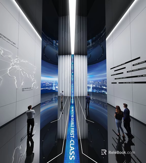 Modern Technology Exhibition Hall With Digital Screens Interactive Displays And Visitors 3d model 