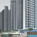 Modern Curved High Rise Building With Balconies Pedestrian Walkway And Green Trees