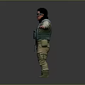 Man In Tactical Military Uniform With Goggles Vest And Arms Outstretched On Gray Background