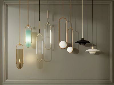 Modern Pendant Lights With Various Designs Glass Shades And Metal Frames Hanging On Grey Wall 3d model