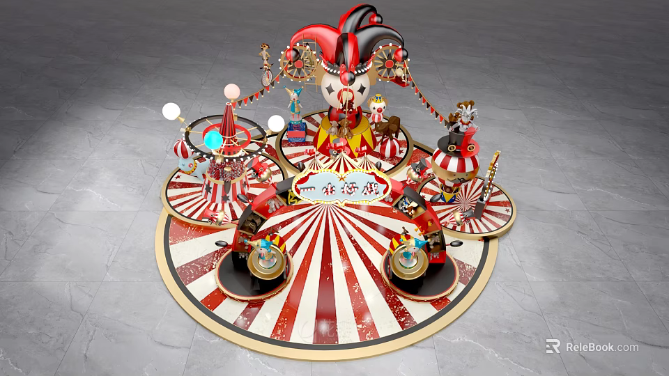 Colorful Clown Themed Carousel Photo Spot With Red White Stripes Golden Decorations And Balloons 3d model 