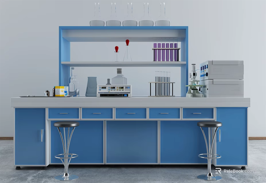 Modern Medical Devices Laboratory Setup With Blue Workbench And Testing Equipment 3d model