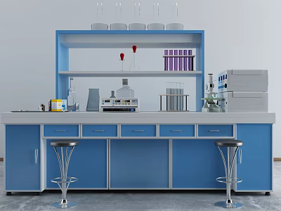 Modern Medical Devices Laboratory Setup With Blue Workbench And Testing Equipment 3d model