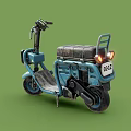 Blue Vintage Scooter With Black Leather Seat Front Headlight And Rear Rack