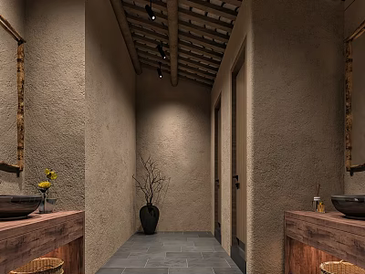 Rustic Public Restroom Interior With Stone Walls Wooden Countertops And Slate Floor 3d model