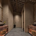 Rustic Public Restroom Interior With Stone Walls Wooden Countertops And Slate Floor